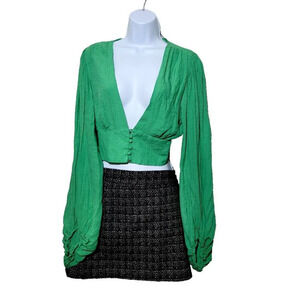 Hello Molly Top L Agyness Green Cropped Bubble Sleeve Resort Boho Smocked Deep V